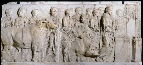 Sacrifice of a bull, a ram and a pig in honour of the god Mars, frieze from the Altar of Domitius Ahenobarbus, from the Temple of Neptune, Rome (detail)